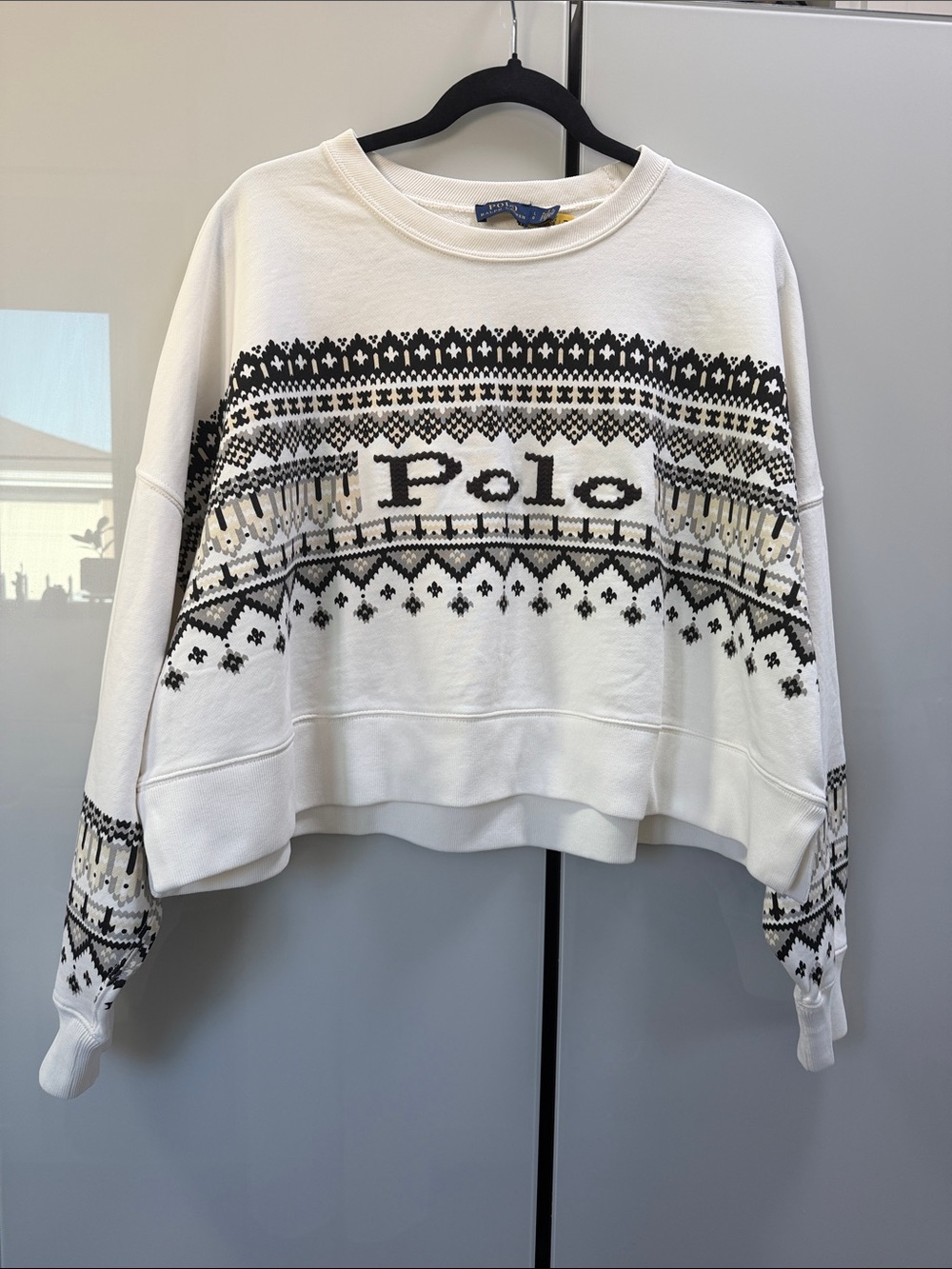 Polo by Ralph Lauren White Fair Isle Cropped Sweatshirt with Black Pattern